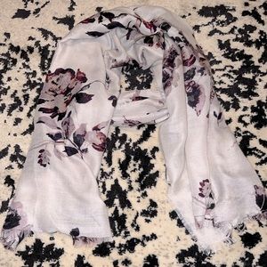 White scarf with purple flower pattern